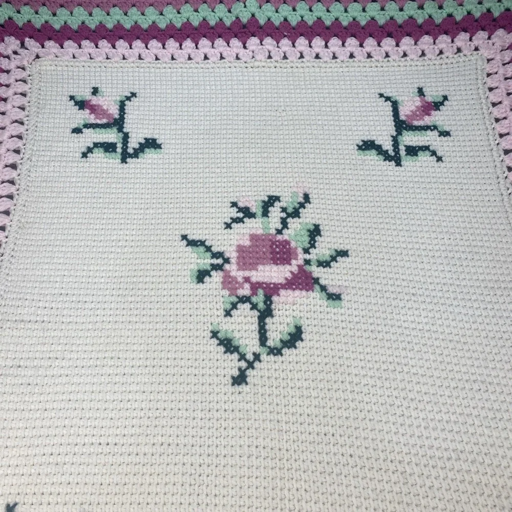 Vintage Crochet Afghan Throw Blanket Handmade Beige Pink Green Flowers 53x59
